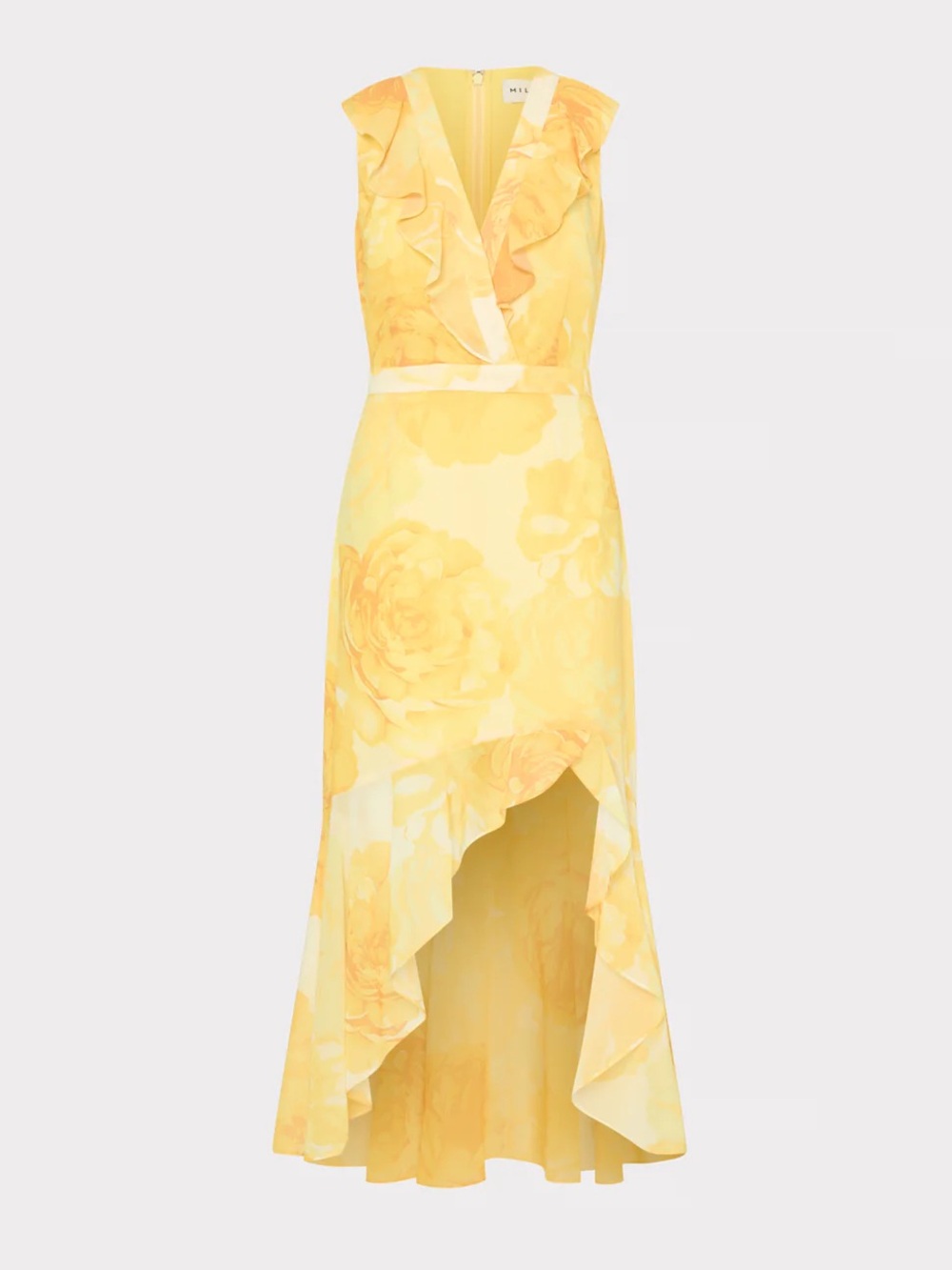 Milly Yellow Floral V-Neck Ruffle High-Low Midi Dress